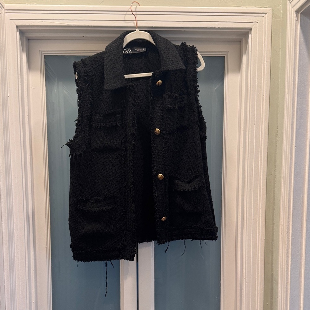 Zara Black Textured Vest with Gold Buttons